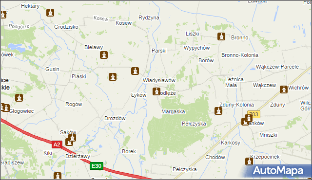 mapa Podłęże gmina Świnice Warckie, Podłęże gmina Świnice Warckie na mapie Targeo