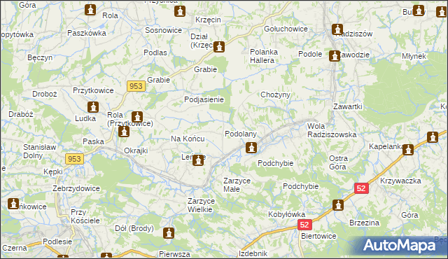 mapa Podolany gmina Kalwaria Zebrzydowska, Podolany gmina Kalwaria Zebrzydowska na mapie Targeo
