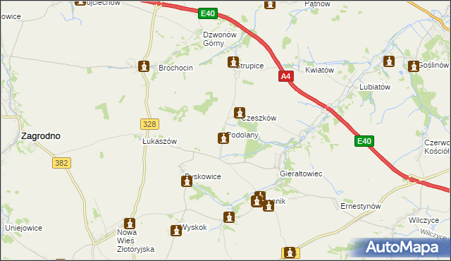 mapa Podolany gmina Złotoryja, Podolany gmina Złotoryja na mapie Targeo