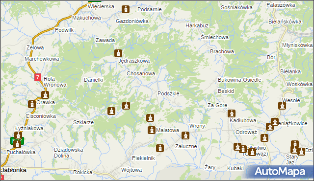 mapa Podszkle gmina Czarny Dunajec, Podszkle gmina Czarny Dunajec na mapie Targeo