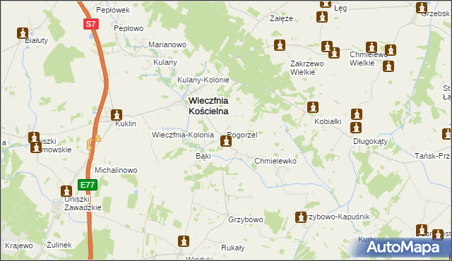 mapa Pogorzel gmina Wieczfnia Kościelna, Pogorzel gmina Wieczfnia Kościelna na mapie Targeo