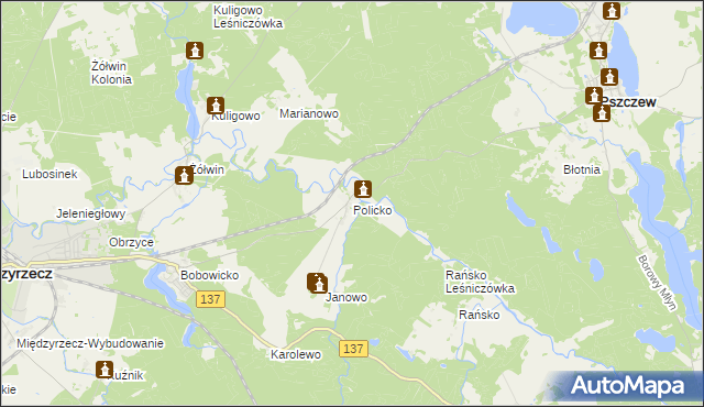 mapa Policko gmina Pszczew, Policko gmina Pszczew na mapie Targeo