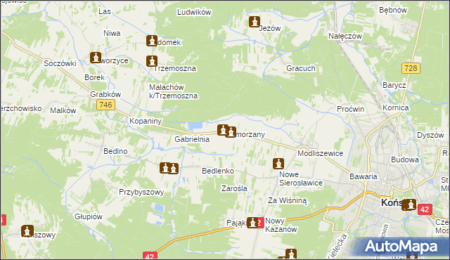 mapa Pomorzany gmina Końskie, Pomorzany gmina Końskie na mapie Targeo