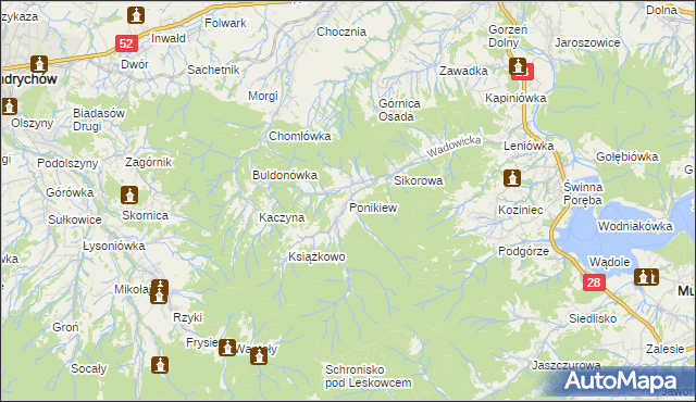 mapa Ponikiew gmina Wadowice, Ponikiew gmina Wadowice na mapie Targeo