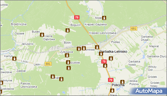 mapa Ponikwa gmina Garbatka-Letnisko, Ponikwa gmina Garbatka-Letnisko na mapie Targeo