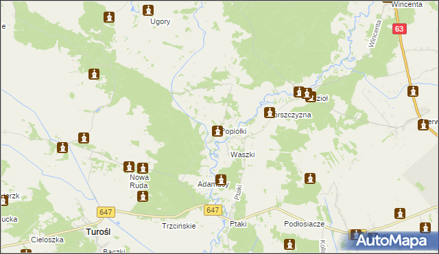 mapa Popiołki gmina Turośl, Popiołki gmina Turośl na mapie Targeo