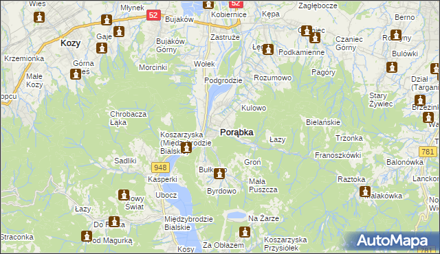 mapa Porąbka powiat bielski, Porąbka powiat bielski na mapie Targeo