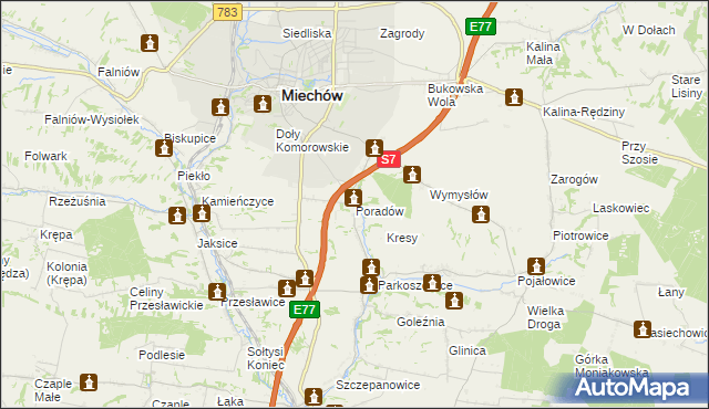 mapa Poradów gmina Miechów, Poradów gmina Miechów na mapie Targeo