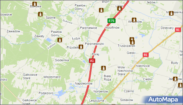 mapa Poraj gmina Wola Krzysztoporska, Poraj gmina Wola Krzysztoporska na mapie Targeo