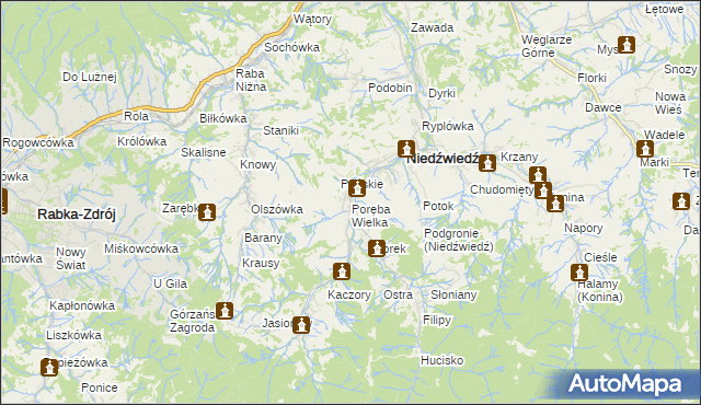 mapa Poręba Wielka gmina Niedźwiedź, Poręba Wielka gmina Niedźwiedź na mapie Targeo