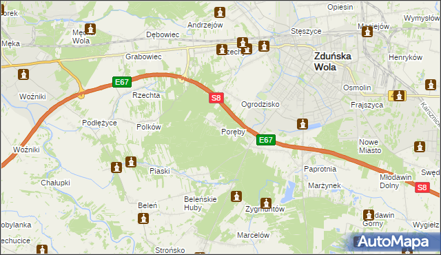 mapa Poręby gmina Zduńska Wola, Poręby gmina Zduńska Wola na mapie Targeo