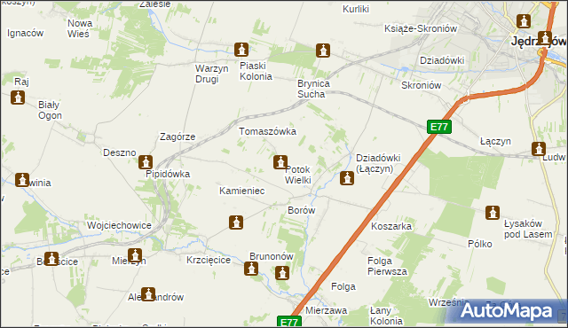 mapa Potok Wielki gmina Jędrzejów, Potok Wielki gmina Jędrzejów na mapie Targeo