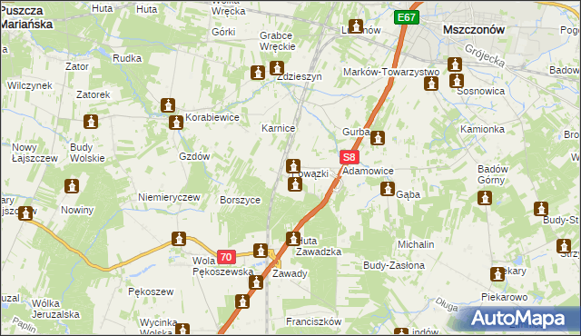mapa Powązki gmina Mszczonów, Powązki gmina Mszczonów na mapie Targeo