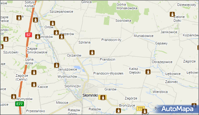 mapa Prandocin gmina Słomniki, Prandocin gmina Słomniki na mapie Targeo