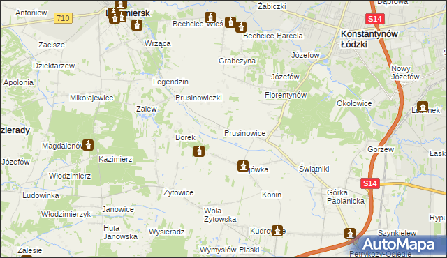 mapa Prusinowice gmina Lutomiersk, Prusinowice gmina Lutomiersk na mapie Targeo