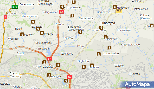 mapa Prusy gmina Kocmyrzów-Luborzyca, Prusy gmina Kocmyrzów-Luborzyca na mapie Targeo