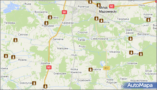 mapa Prusy gmina Mińsk Mazowiecki, Prusy gmina Mińsk Mazowiecki na mapie Targeo