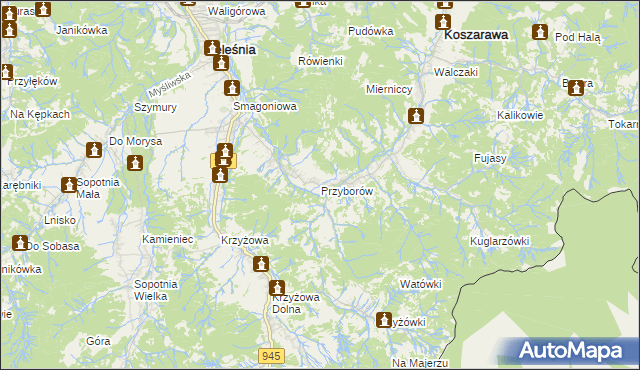 mapa Przyborów gmina Jeleśnia, Przyborów gmina Jeleśnia na mapie Targeo