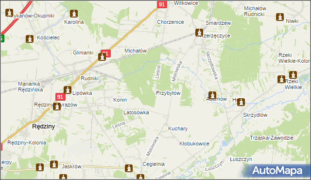 mapa Przybyłów gmina Kłomnice, Przybyłów gmina Kłomnice na mapie Targeo