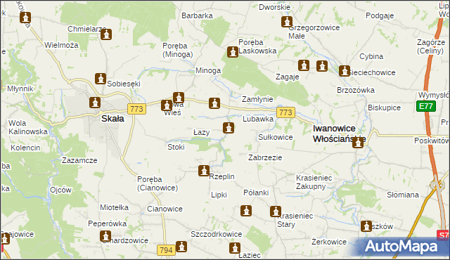 mapa Przybysławice gmina Skała, Przybysławice gmina Skała na mapie Targeo