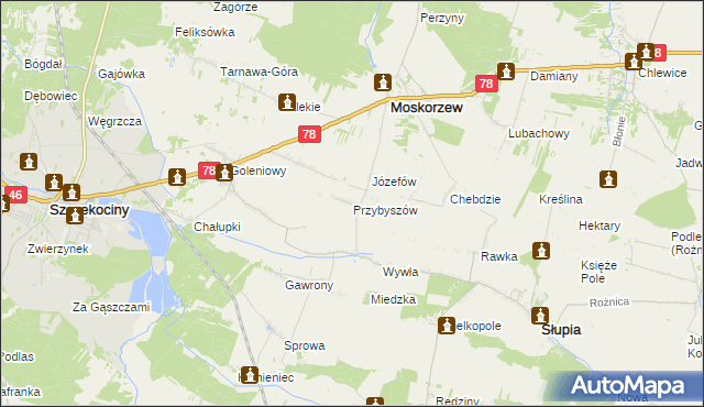 mapa Przybyszów gmina Moskorzew, Przybyszów gmina Moskorzew na mapie Targeo