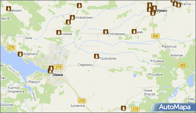 mapa Przybyszów gmina Sława, Przybyszów gmina Sława na mapie Targeo