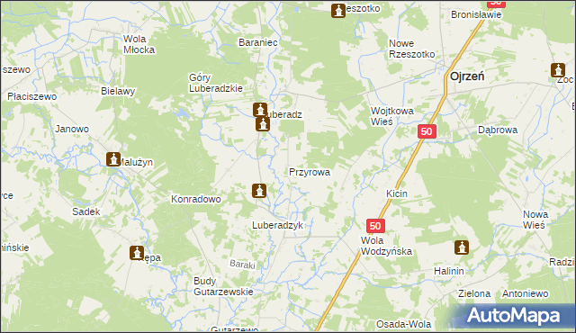 mapa Przyrowa gmina Ojrzeń, Przyrowa gmina Ojrzeń na mapie Targeo