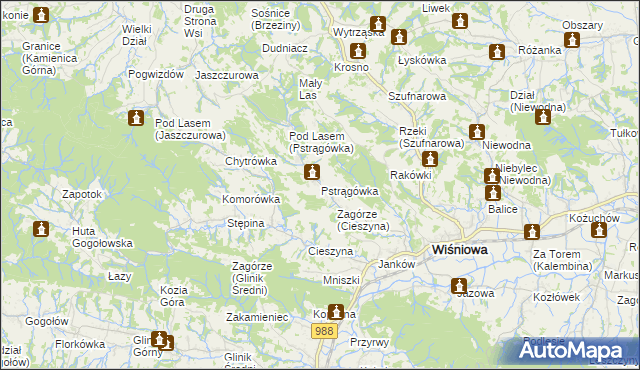 mapa Pstrągówka gmina Wiśniowa, Pstrągówka gmina Wiśniowa na mapie Targeo