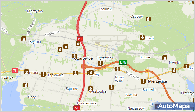 mapa Pyrzowice, Pyrzowice na mapie Targeo