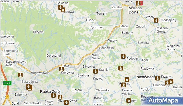 mapa Raba Niżna, Raba Niżna na mapie Targeo