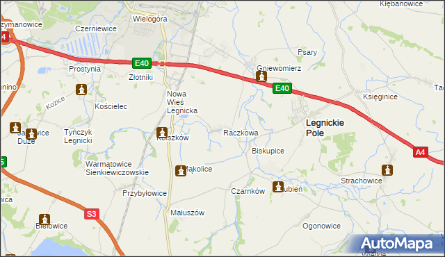 mapa Raczkowa gmina Legnickie Pole, Raczkowa gmina Legnickie Pole na mapie Targeo