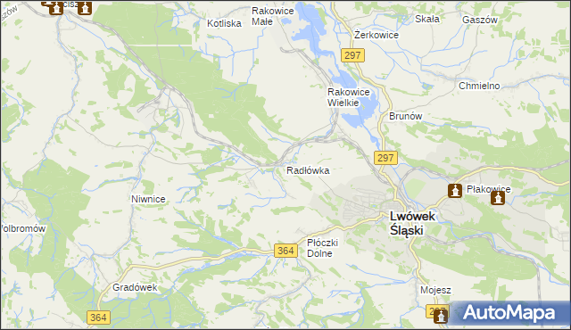 mapa Radłówka gmina Lwówek Śląski, Radłówka gmina Lwówek Śląski na mapie Targeo