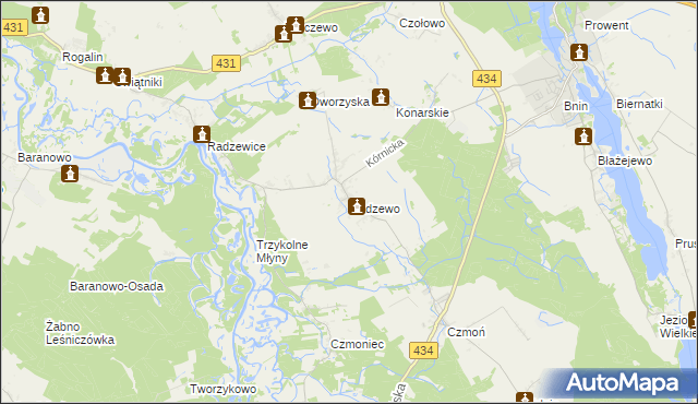 mapa Radzewo gmina Kórnik, Radzewo gmina Kórnik na mapie Targeo