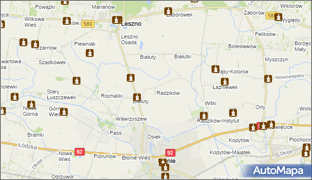 mapa Radzików gmina Błonie, Radzików gmina Błonie na mapie Targeo