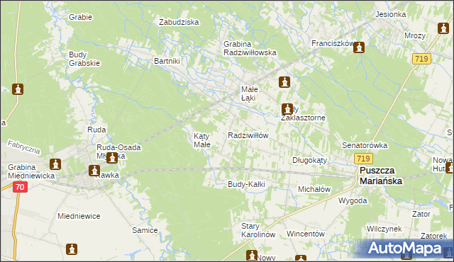 mapa Radziwiłłów gmina Puszcza Mariańska, Radziwiłłów gmina Puszcza Mariańska na mapie Targeo