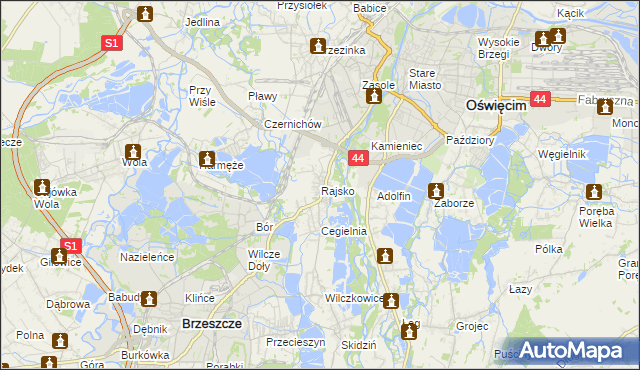 mapa Rajsko gmina Oświęcim, Rajsko gmina Oświęcim na mapie Targeo