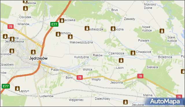 mapa Raków gmina Jędrzejów, Raków gmina Jędrzejów na mapie Targeo