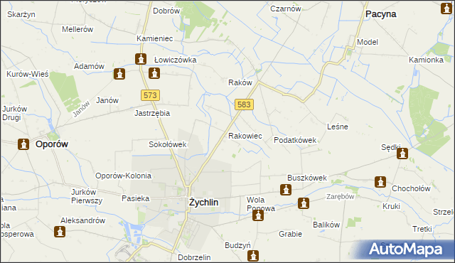 mapa Rakowiec gmina Pacyna, Rakowiec gmina Pacyna na mapie Targeo