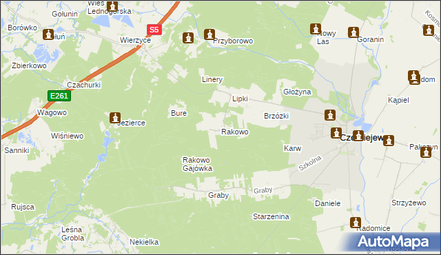 mapa Rakowo gmina Czerniejewo, Rakowo gmina Czerniejewo na mapie Targeo