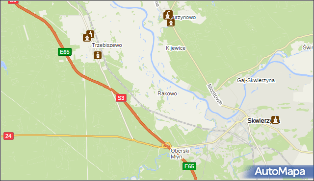 mapa Rakowo gmina Skwierzyna, Rakowo gmina Skwierzyna na mapie Targeo