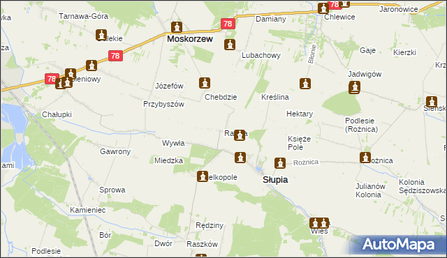 mapa Rawka gmina Słupia, Rawka gmina Słupia na mapie Targeo