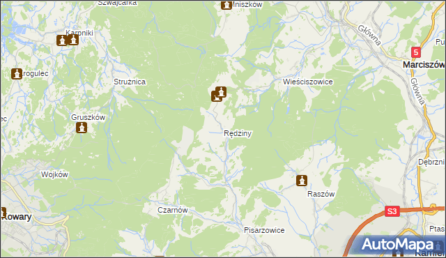 mapa Rędziny gmina Kamienna Góra, Rędziny gmina Kamienna Góra na mapie Targeo