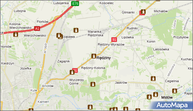 mapa Rędziny powiat częstochowski, Rędziny powiat częstochowski na mapie Targeo