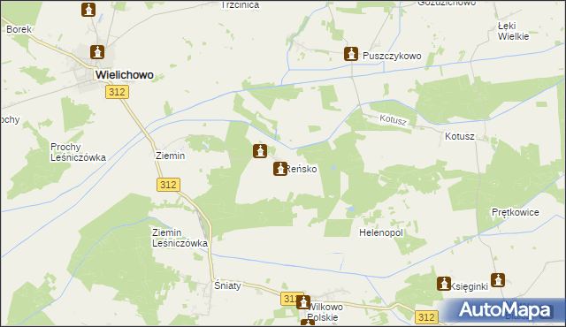 mapa Reńsko gmina Wielichowo, Reńsko gmina Wielichowo na mapie Targeo