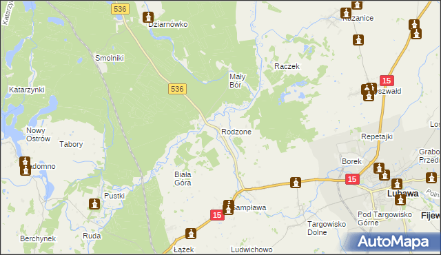 mapa Rodzone gmina Lubawa, Rodzone gmina Lubawa na mapie Targeo