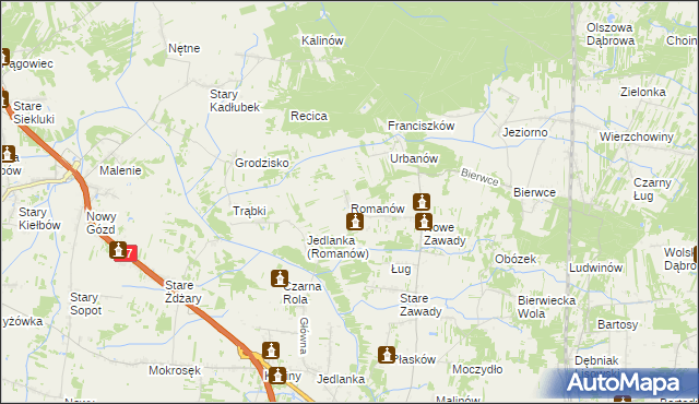 mapa Romanów gmina Jedlińsk, Romanów gmina Jedlińsk na mapie Targeo