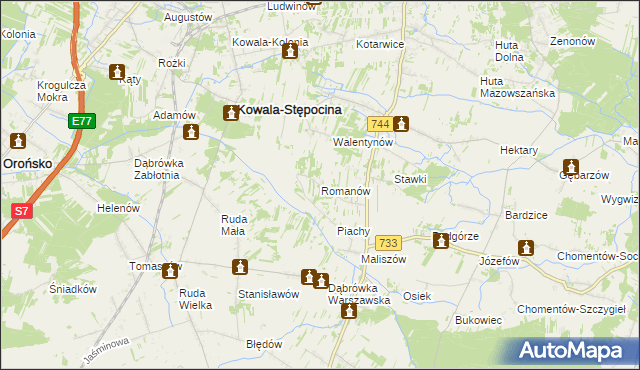 mapa Romanów gmina Kowala, Romanów gmina Kowala na mapie Targeo