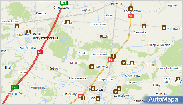 mapa Romanówka gmina Rozprza, Romanówka gmina Rozprza na mapie Targeo