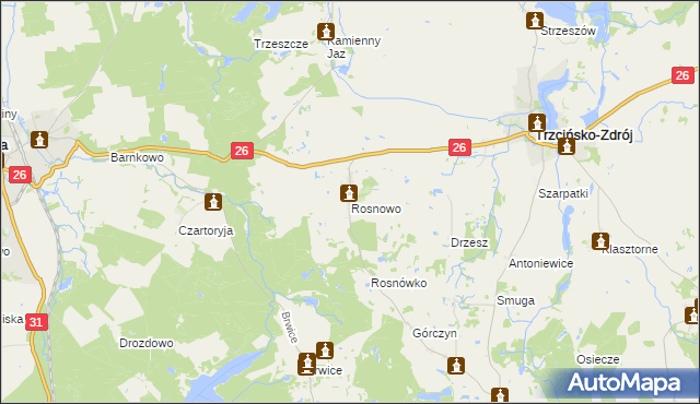 mapa Rosnowo gmina Trzcińsko-Zdrój, Rosnowo gmina Trzcińsko-Zdrój na mapie Targeo