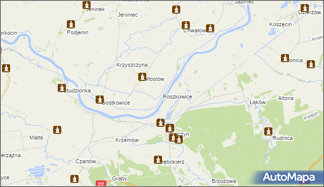 mapa Roszkowice gmina Bogdaniec, Roszkowice gmina Bogdaniec na mapie Targeo